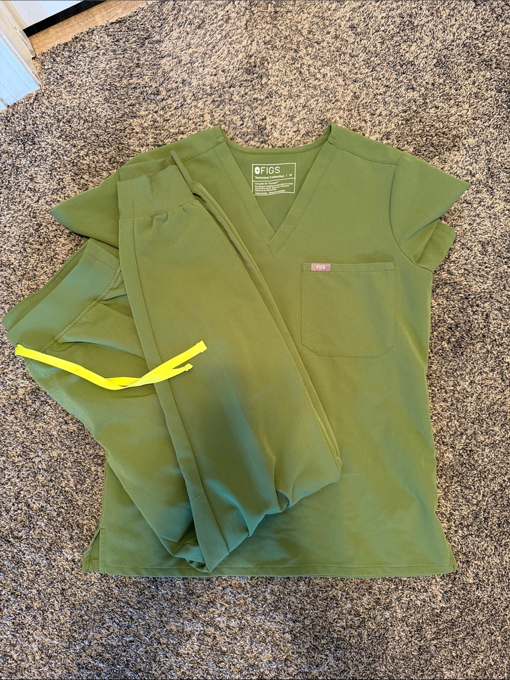 FIGS Women's Olive Green Short Sleeve Scrub Top and Pants with Neon Drawstring